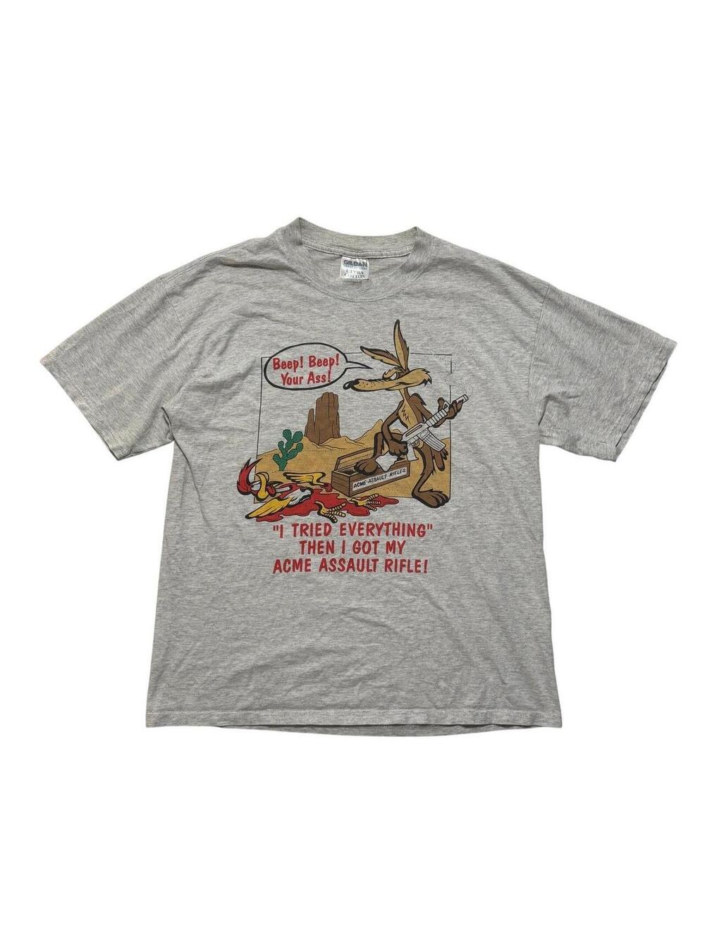 VTG 90's Acme Assault E. Coyote Roadrunner Funny Cartoon T-Shirt Men's L Gray